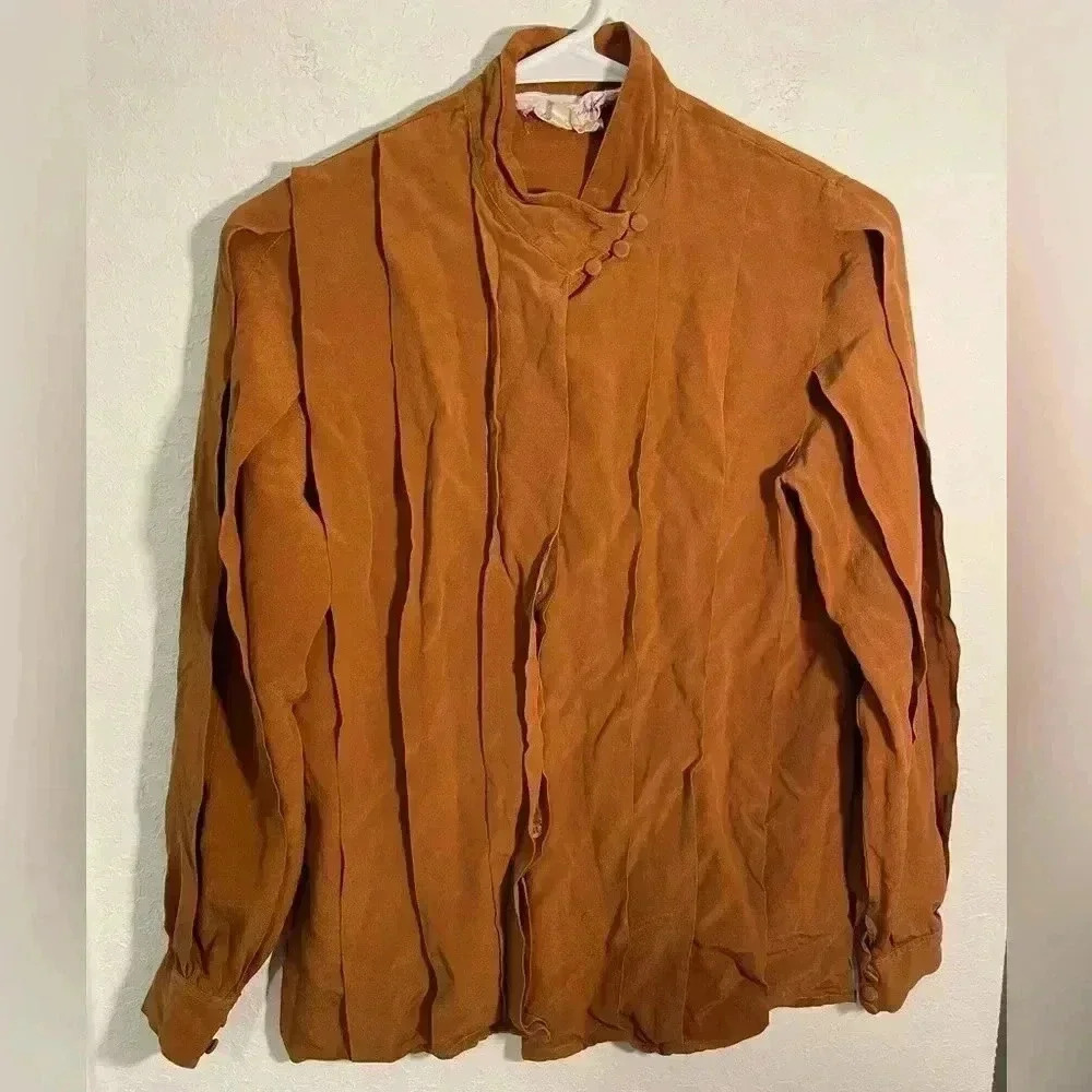 Madame de Saint Gil Vintage Caramel Brown Layered Silk Long Sleeve Blouse Sz 40
